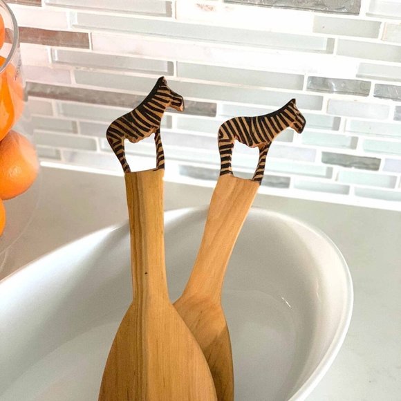 Jedando Handicrafts Hand - Carved Zebra Salad Serving Set - Picture 3 of 7